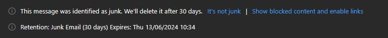 Outlook and Office 365 security security feature showing the message 'This message was identified as junk. We'll delete it after 30 days.'